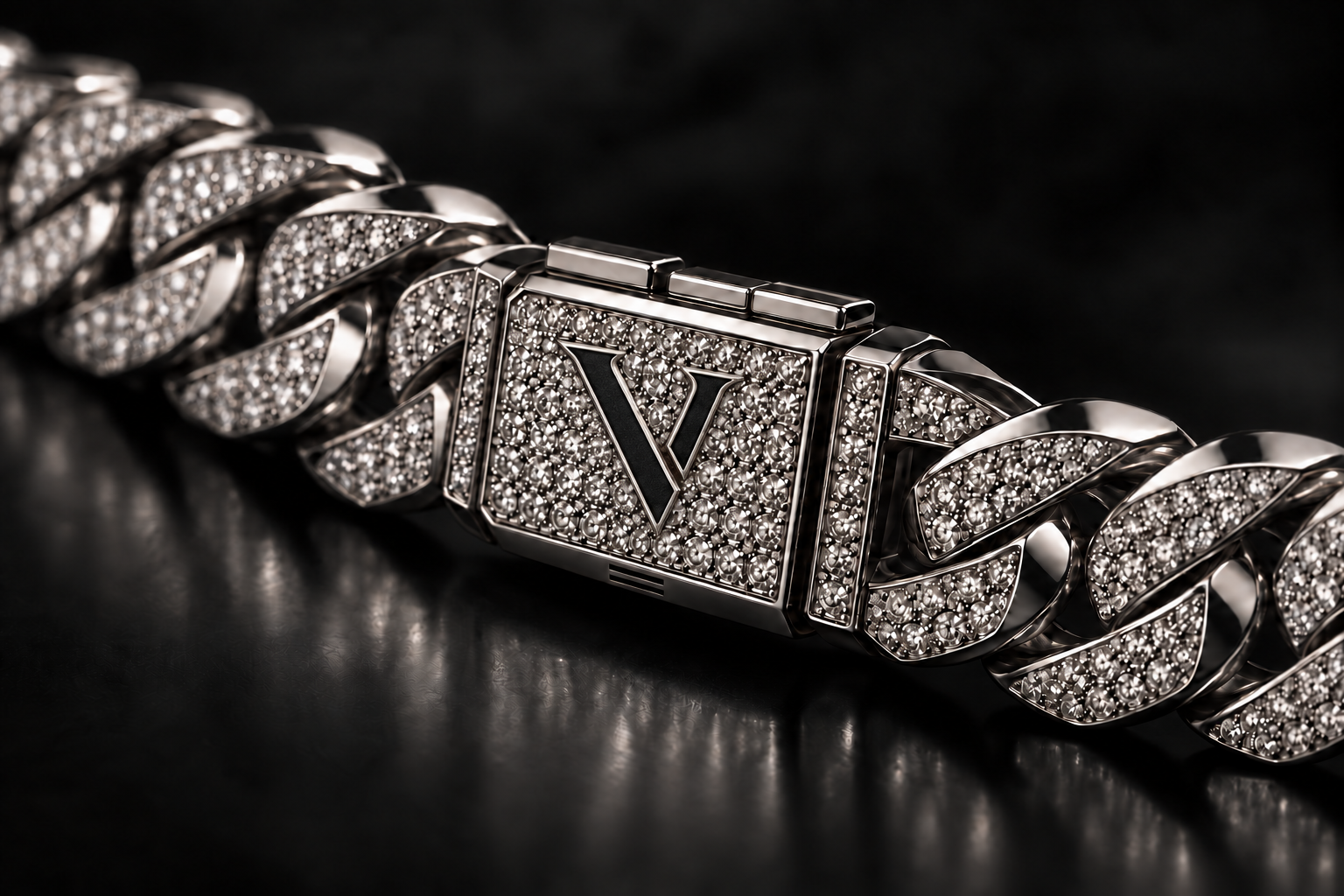 Design concept: a broad Cuban chain with a separated-stroke V and subtle charcoal details on its clasp